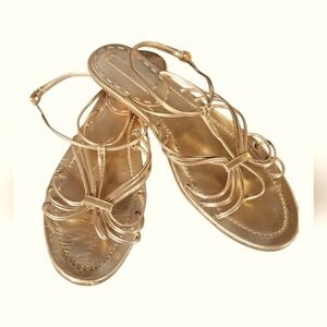 Prada Women's Elegant Gold Gladiator Style Ankle Buckle Strappy Sandals 38 1/2